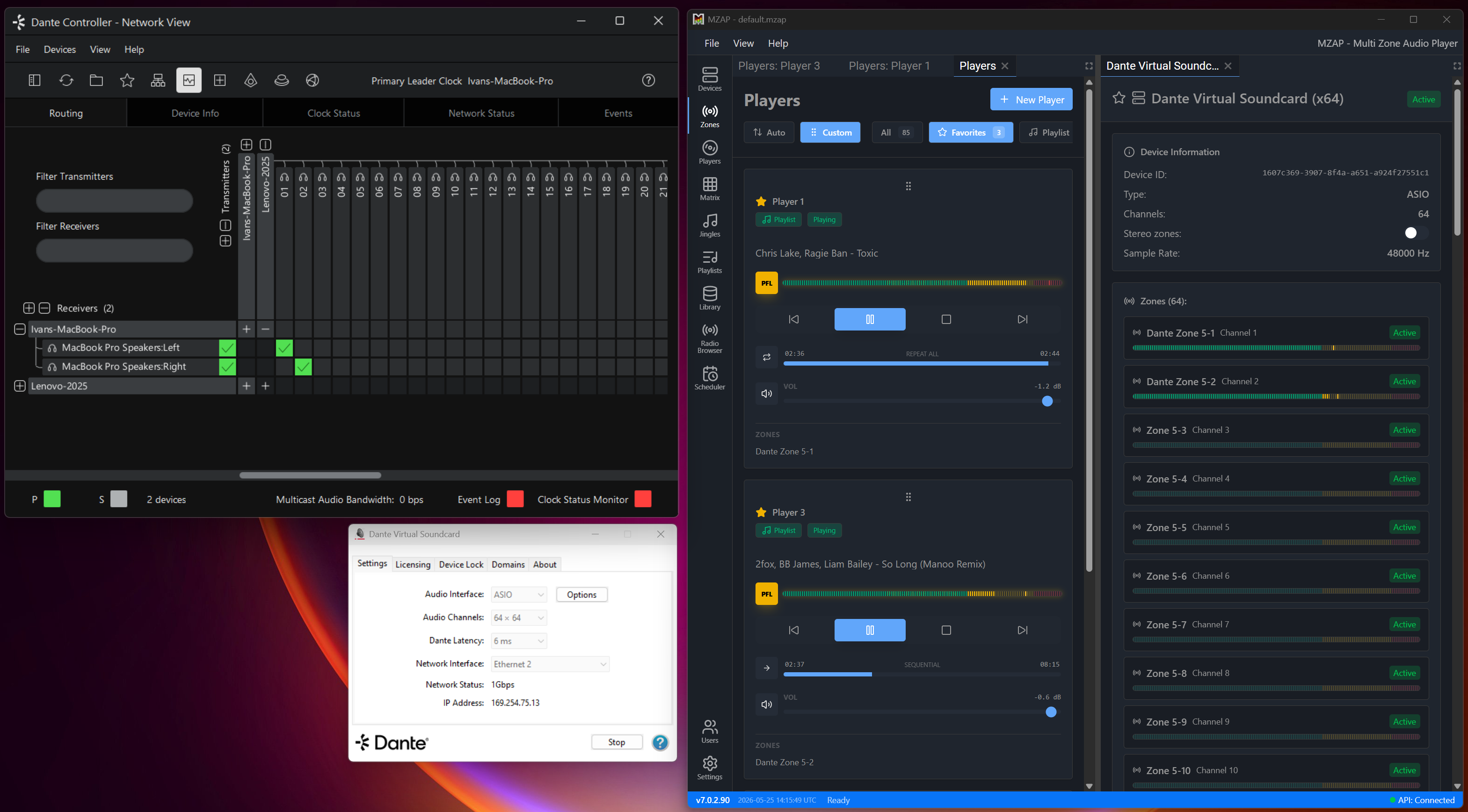 MZAP playing into a 64-channel Dante Virtual Soundcard, with channels routed to physical devices in Dante Controller